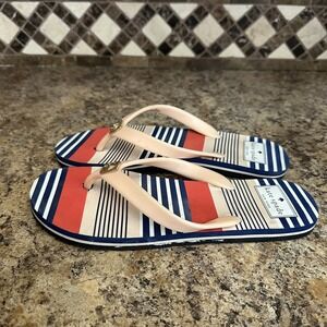 Kate Spade Flip Flop Sandals Womens Blue Pink Orange Stripes Gold Heart Size 7
